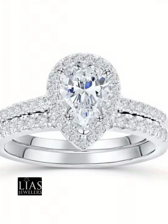 New 18k White Gold Wedding Ring Set Teardrop Pear Shape
